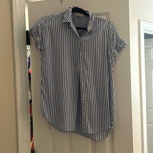 Blue and white striped short sleeve blouse